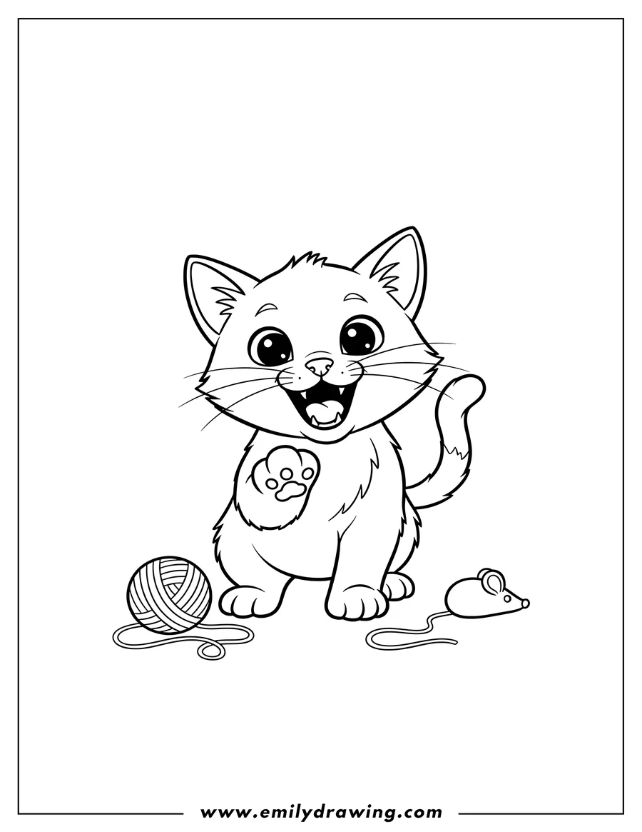 Vector style outline of excited Kitten with one paw raised forward and mouth open, for preschoolers