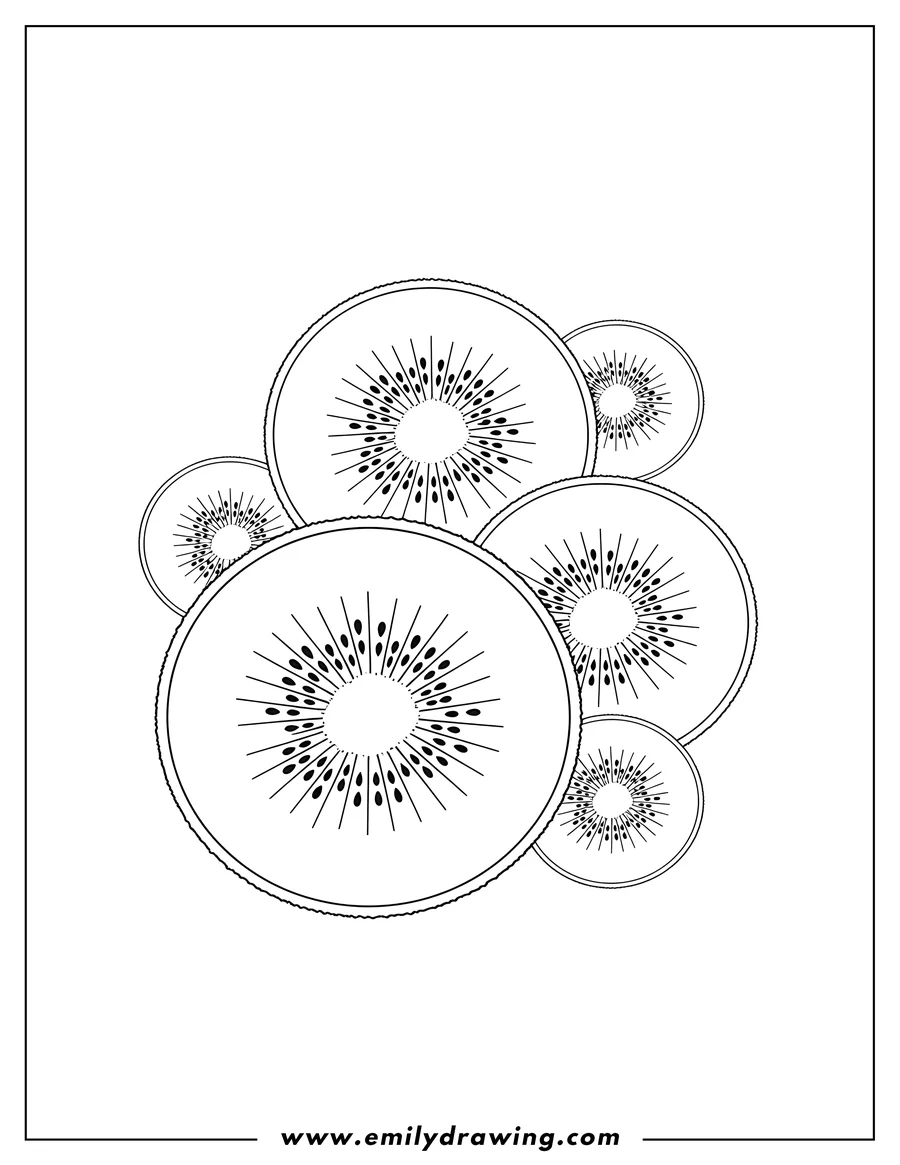 Downloadable coloring page of kiwi Fruit Scaled, overlapping slices