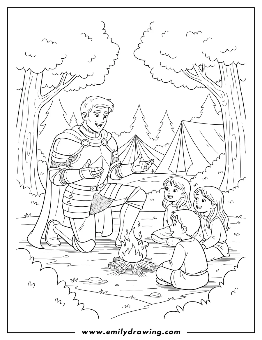 Coloring sheet featuring kneeling Knight Telling Stories By Campfire To Sitting Children