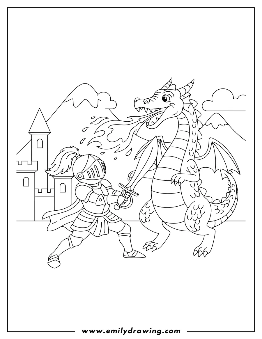 Vector style outline of knight wielding sword battling fire-breathing dragon spewing flames
