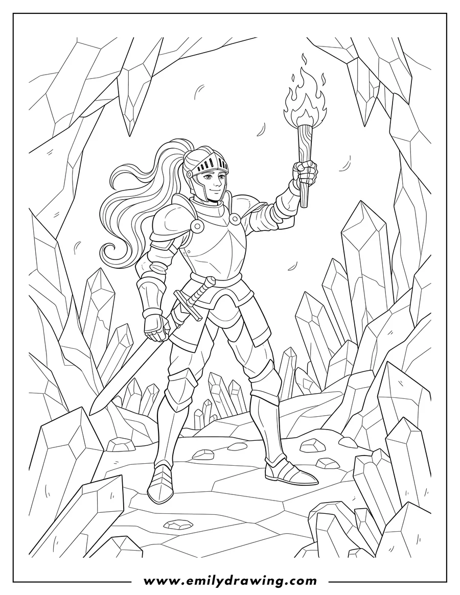 PDF style coloring page: knight with a ponytail exploring a crystal cave, holding a lit torch high, and a sheathed sword at their hip