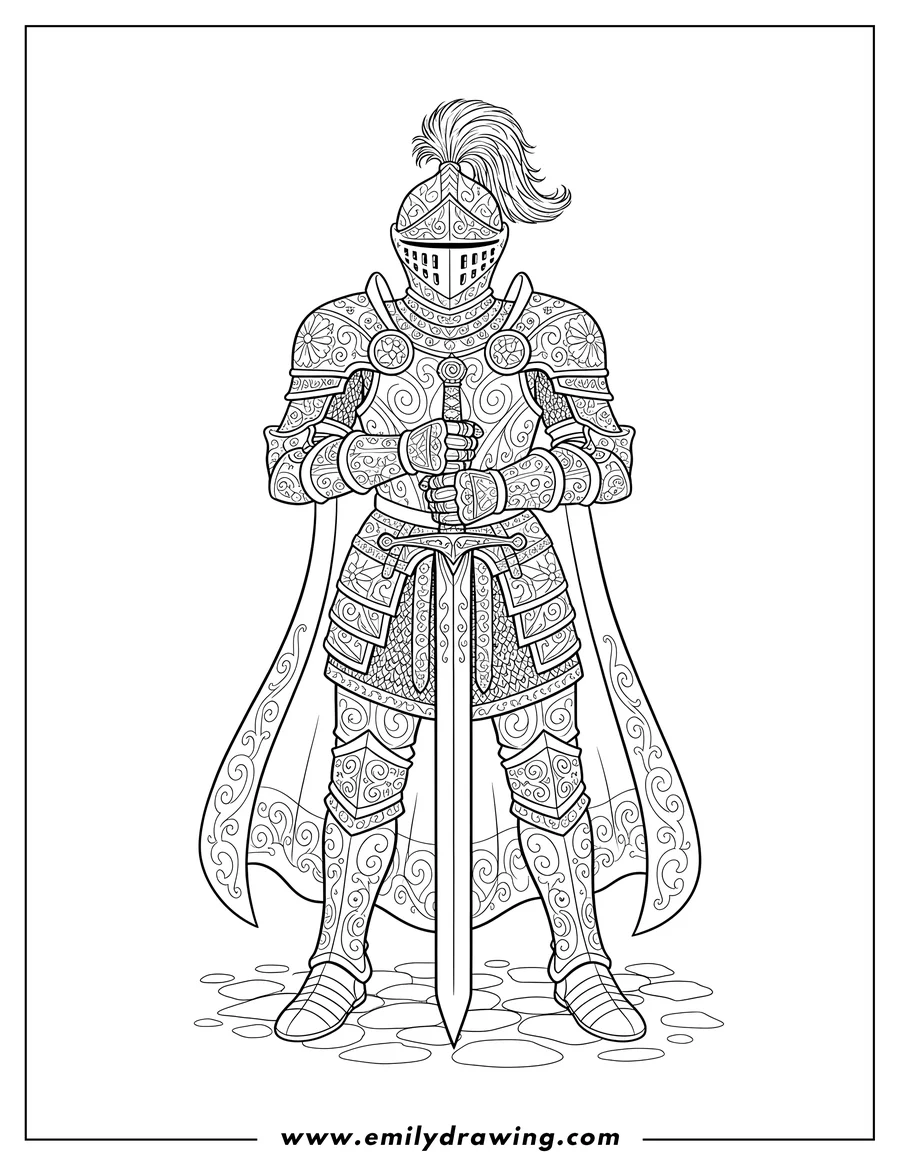 Black and white line art of knight With Intricately Detailed Armor, standing and holding a sword