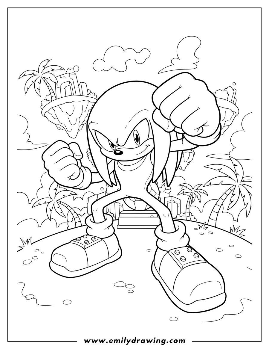 Downloadable coloring page of knuckles Angel Island, ready to punch