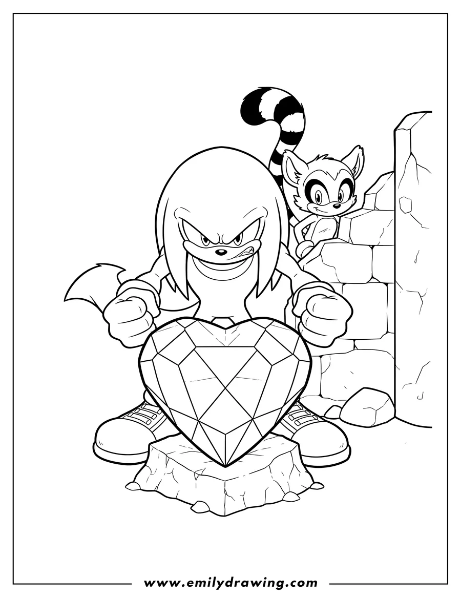 Coloring sheet featuring knuckles, looking angry with clenched fists, guarding Master Emerald with Tangle peeking from behind a wall in the background