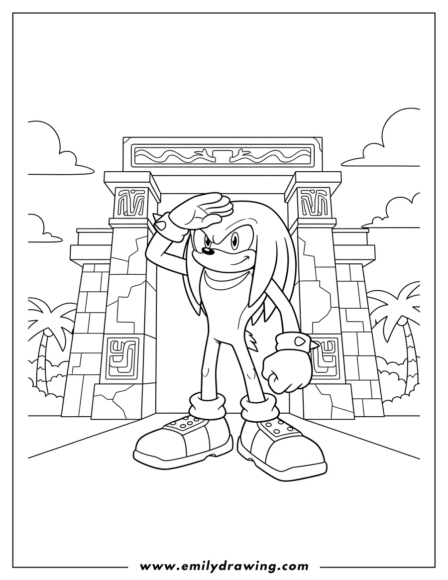Full page coloring image of knuckles Outside Mystic Temple, shading his eyes