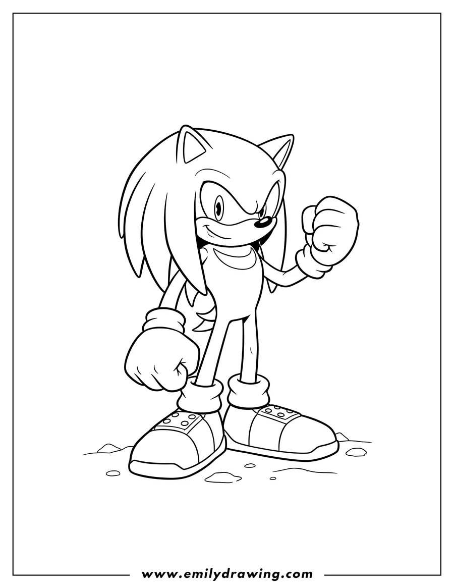 Coloring page of knuckles From Sonic standing, with a raised hand and a smirk