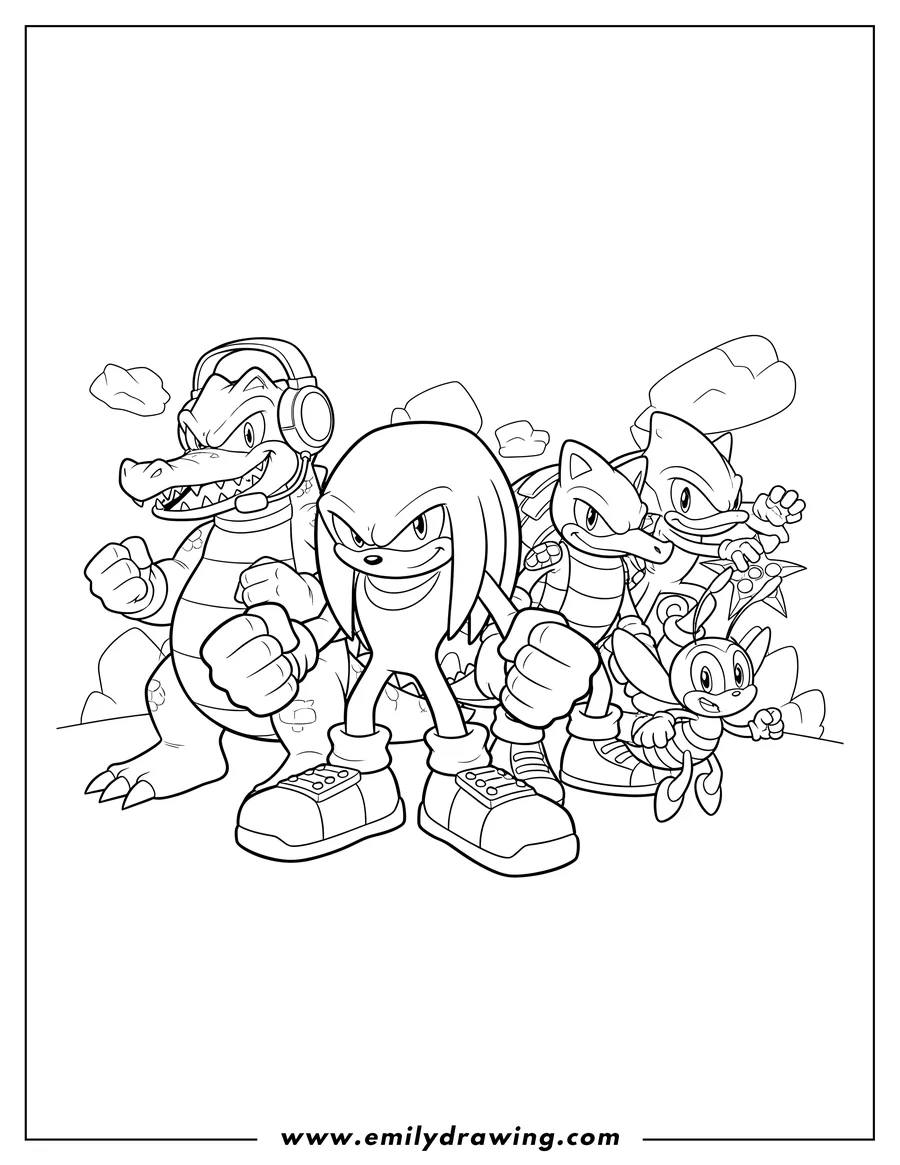 Coloring page of knuckles clenching his fist, Vector wearing headphones, Mighty, Charmee Bee, and Espio holding a shuriken