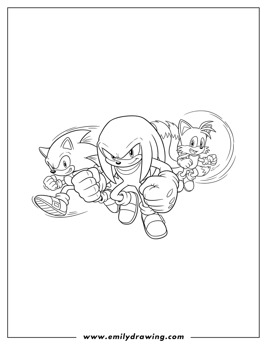 PDF style coloring page: knuckles, Sonic, and Tails in action poses