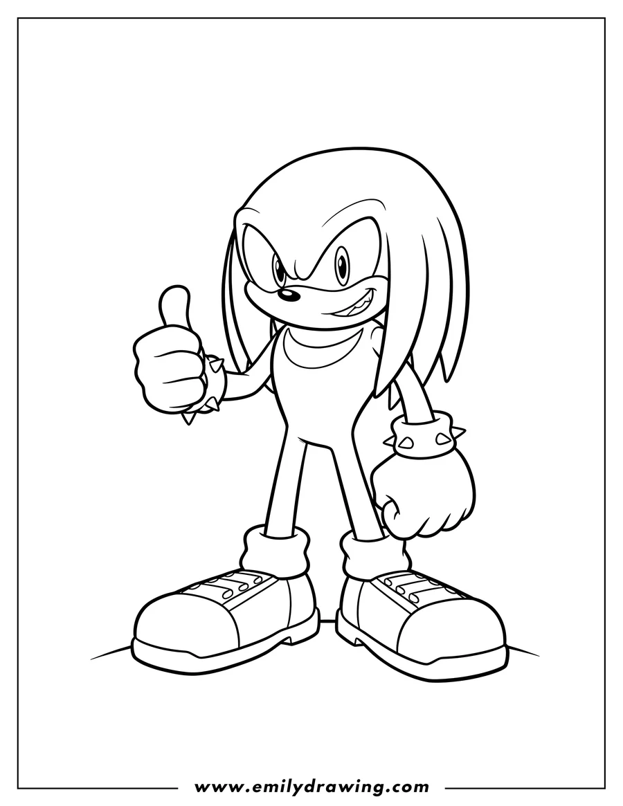 Clean line drawing: knuckles smiling and standing with a thumb up