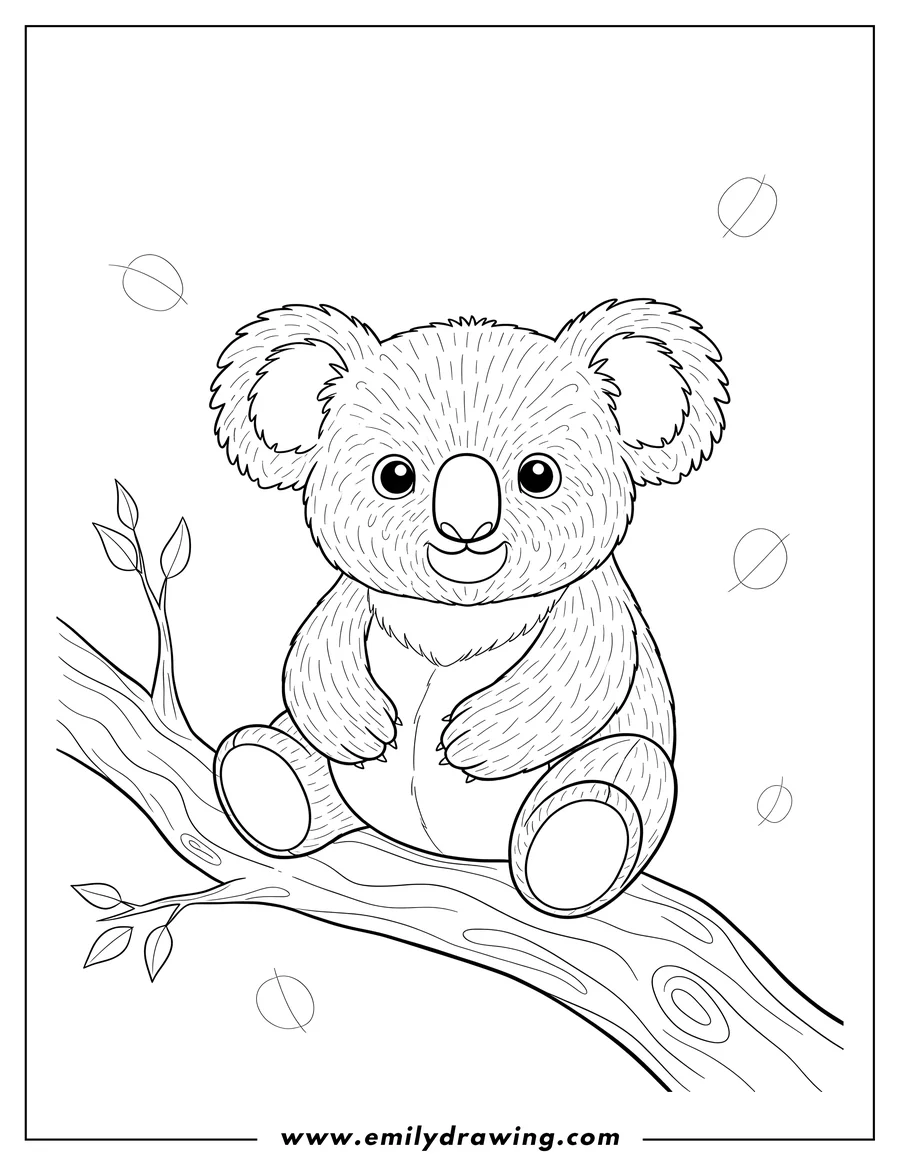 Simple sketch of koala Bear Teddy Picture Scaled, sitting on a tree branch to color