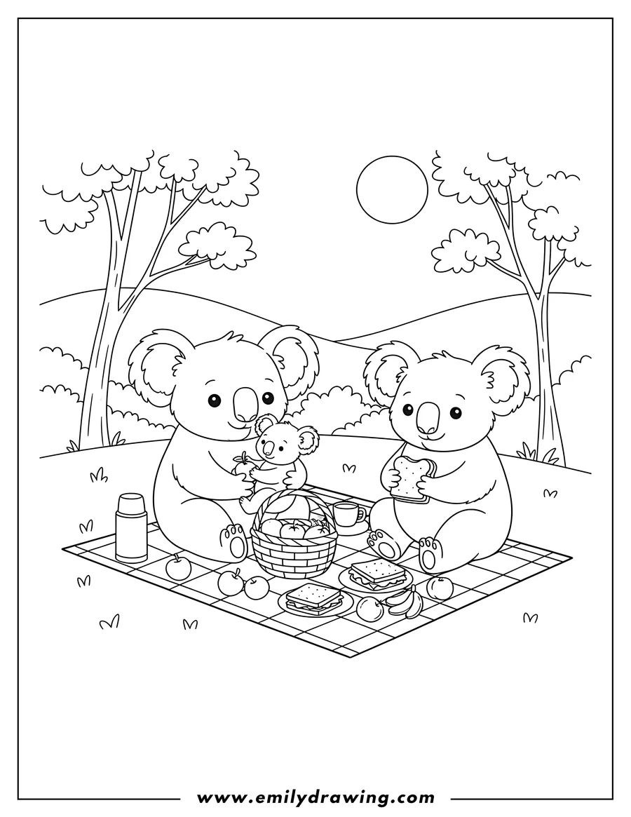 Printable coloring page of koala Family Having Picnic with a baby koala