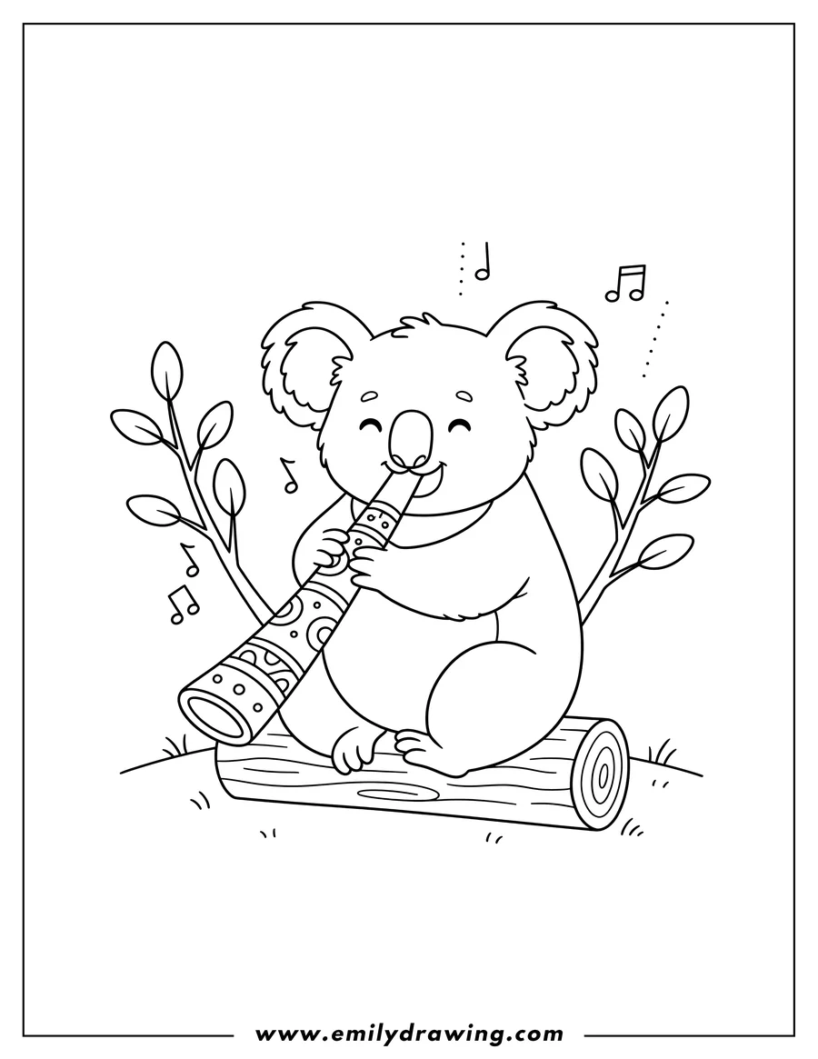 Vector style outline of koala sitting and playing a didgeridoo