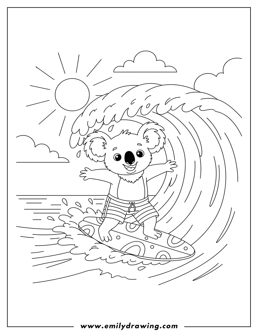 Full page coloring image of koala surfer wearing swim trunks, smiling, and riding a curling wave