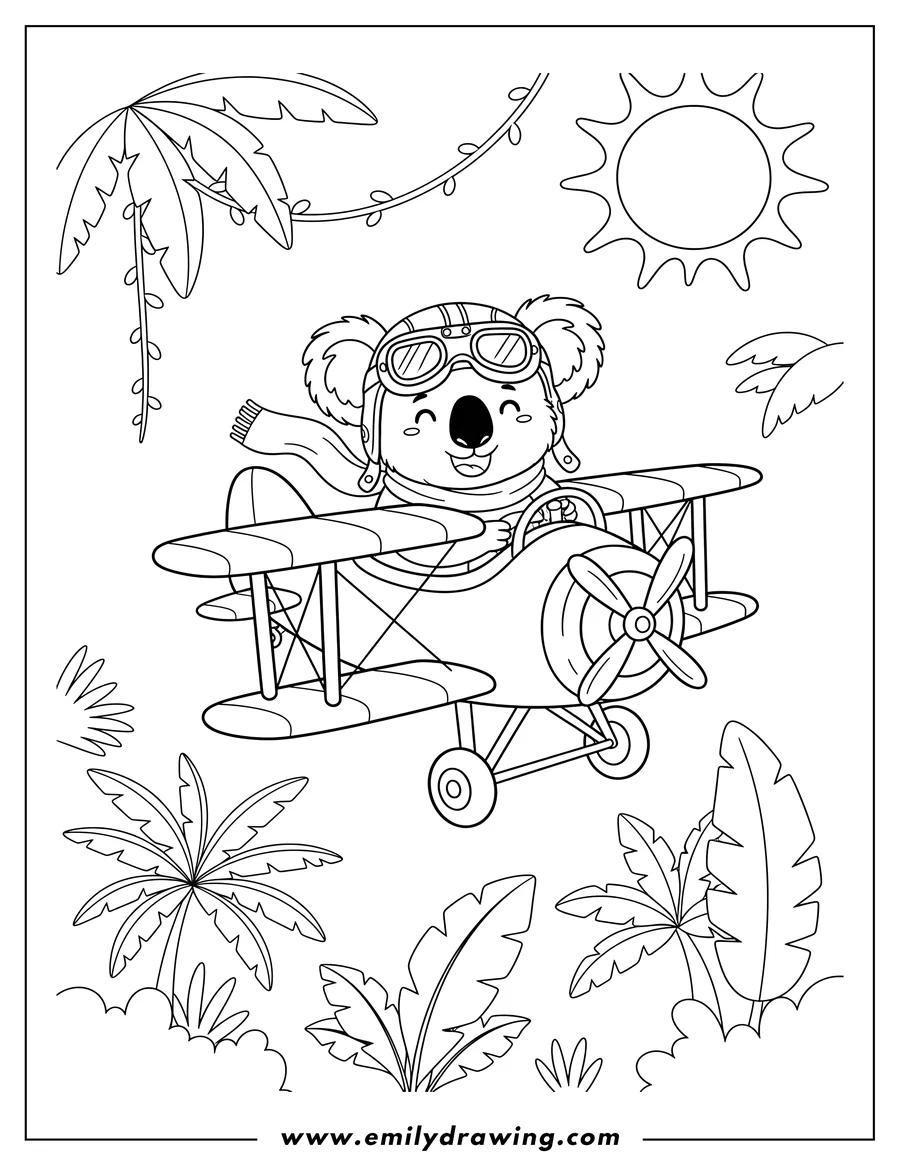 Doodle style coloring picture of koala wearing pilot's helmet and goggles piloting a biplane in a jungle