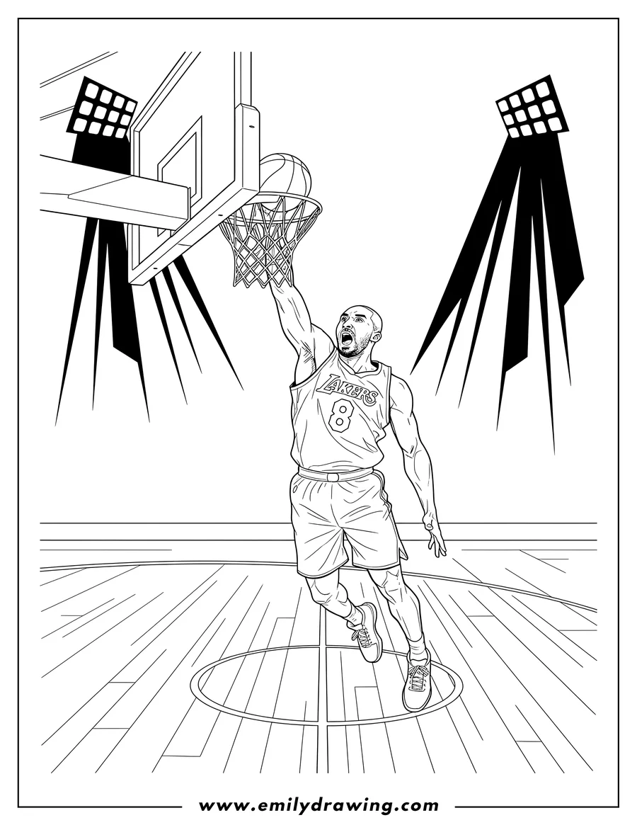 Printable coloring page of kobe Bryant slam dunking a basketball, wearing number 8, with mouth open, on a basketball court under spotlights