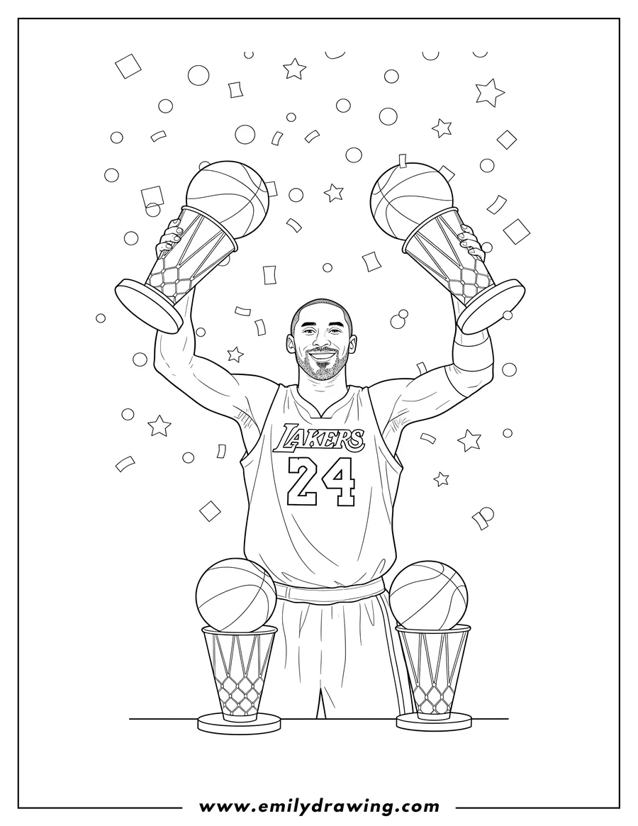 Free to print drawing of kobe Bryant in his Lakers 24 jersey holding two basketball trophies, with two more trophies at his feet, and confetti falling
