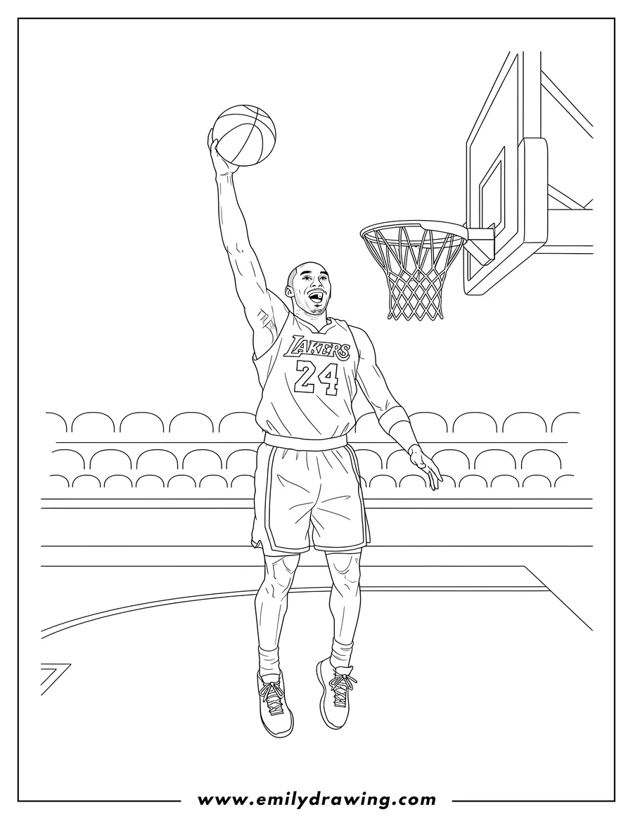 Free printable coloring sheet of kobe Bryant in mid-air holding the basketball in one hand with his mouth open, preparing to dunk during a game