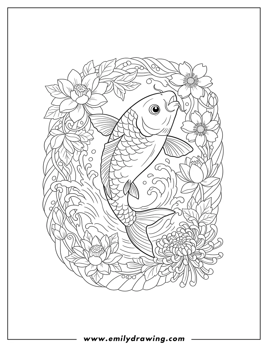 Coloring page of koi Fish Jumping Out Water Tattoo with Flowers