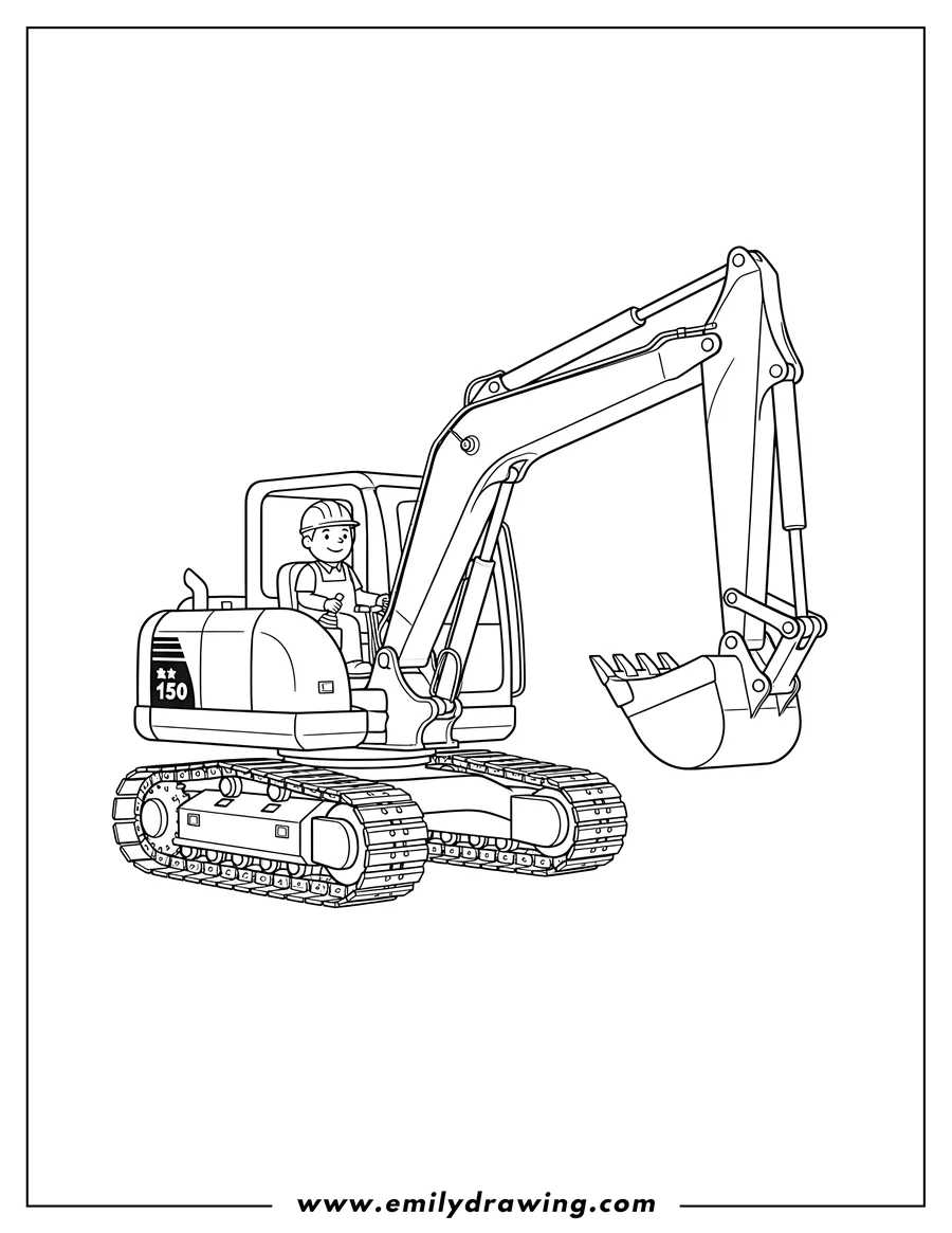 Free to print drawing of komatsu tracked excavator with a digging bucket and an operator in the cab