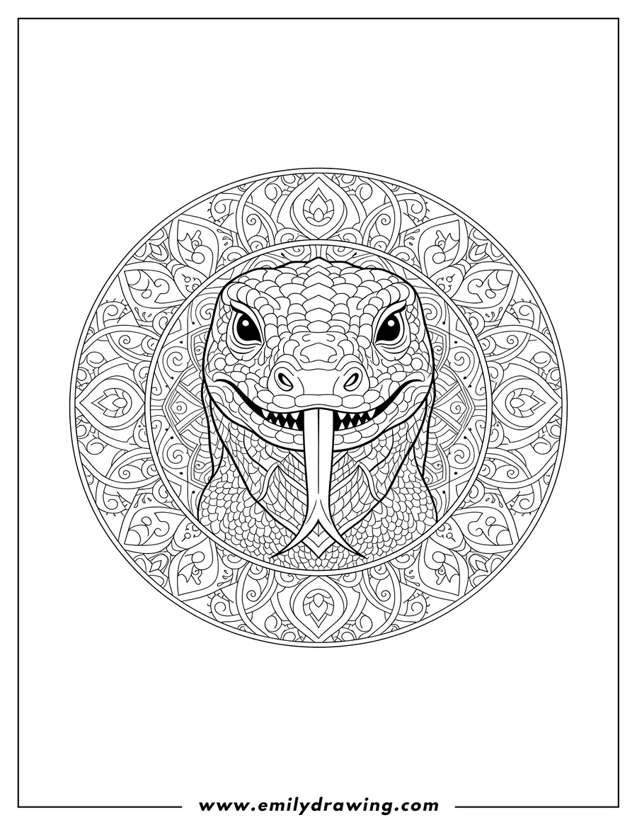 Outline drawing of komodo Dragon Head Mandala