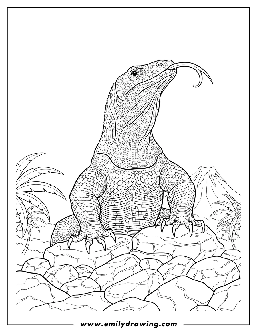 Doodle style coloring picture of komodo Dragon Standing On Rocks with its tongue out, looking up