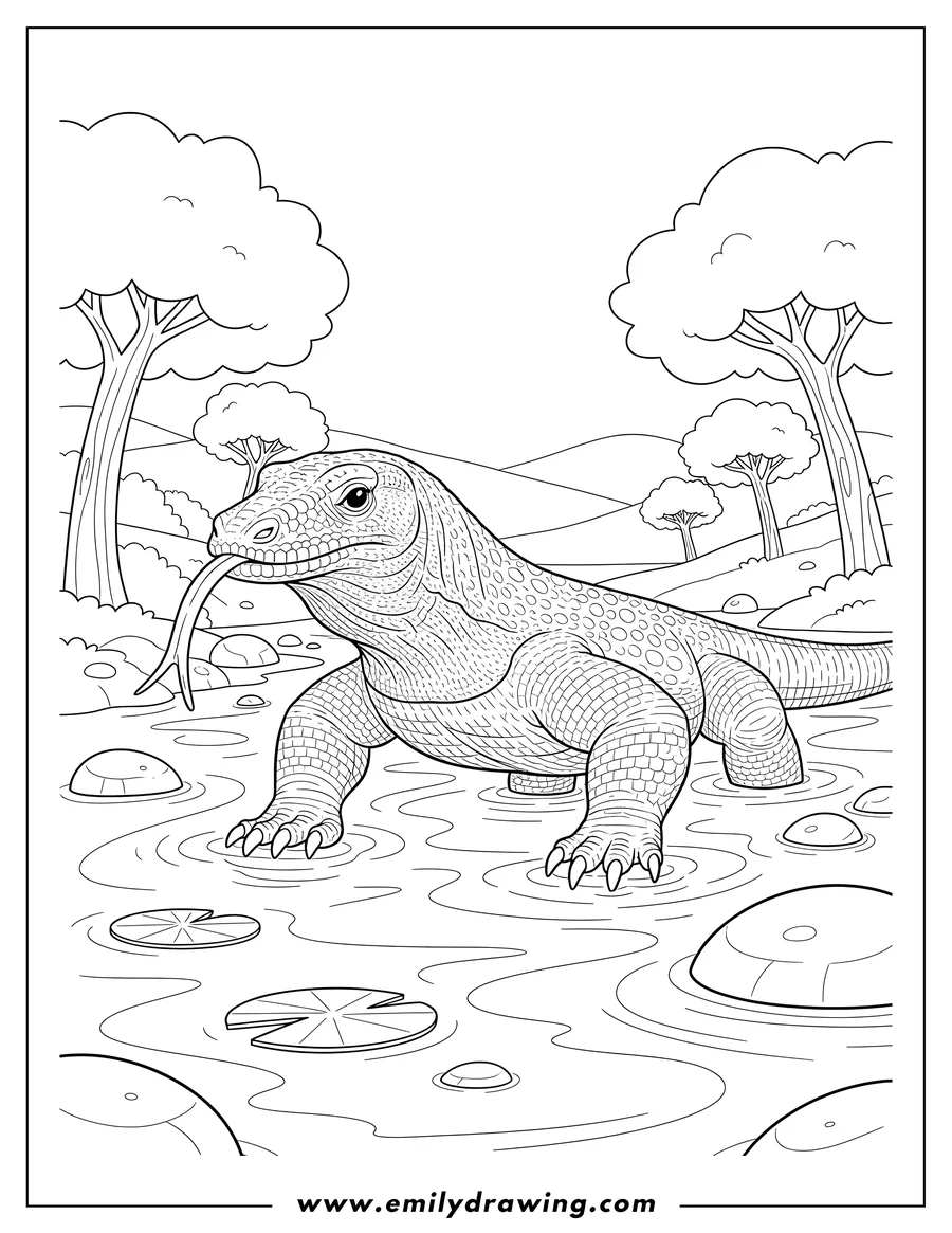 High quality printable komodo Dragon with forked tongue out, hunting in a river for coloring