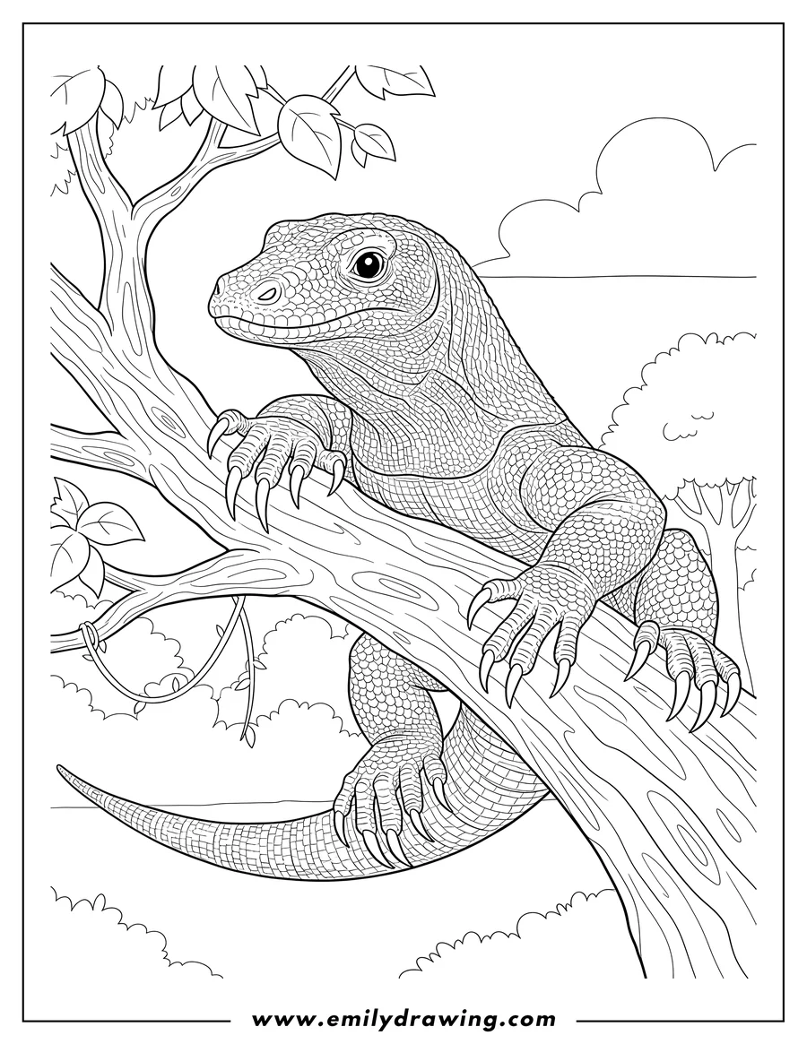 Black and white line art of komodo Dragon with textured skin and sharp claws, climbing over a thick tree branch