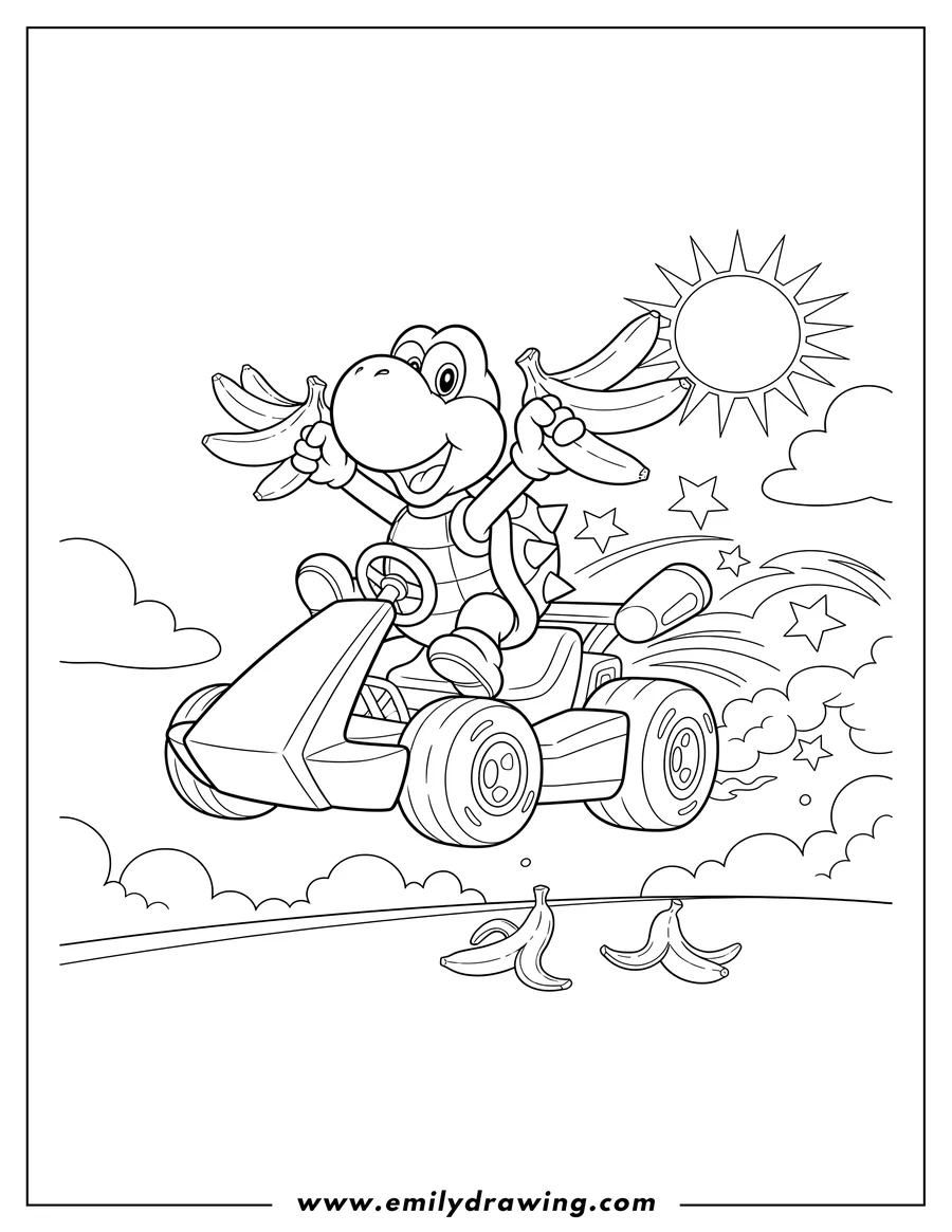 Coloring page for kids: koopa Troopa jumping in a Mario Kart with bananas