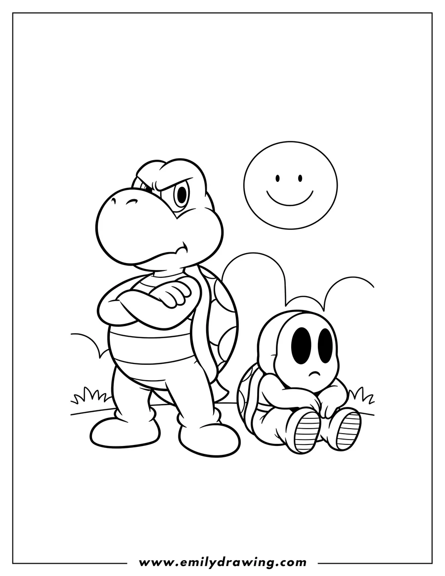 Free to print drawing of koopa Troopa standing with crossed arms next to a sitting Shy Guy