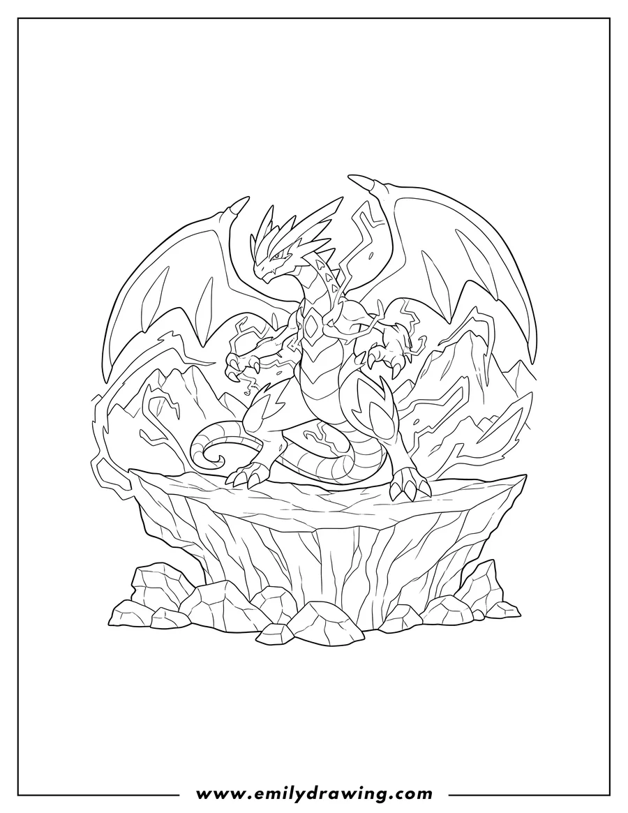 Printable line art of koraidon Electric Dragon Legendary Pokemon in a powerful stance on a rock