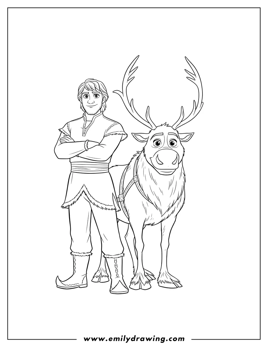 Doodle style coloring picture of kristoff and Sven standing together, Kristoff with arms crossed