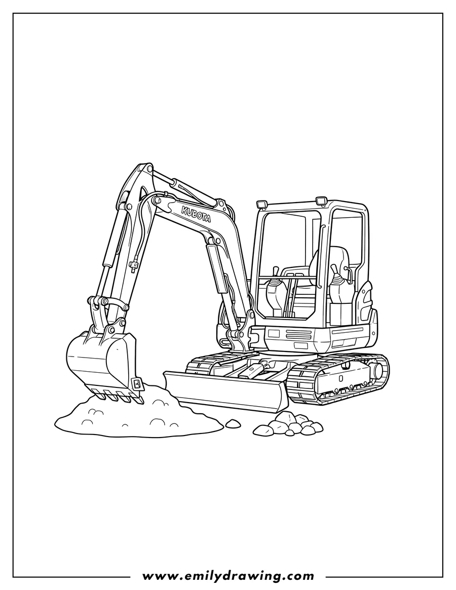 Printable line art of kubota Mini Excavator To Color, digging with its extended bucket