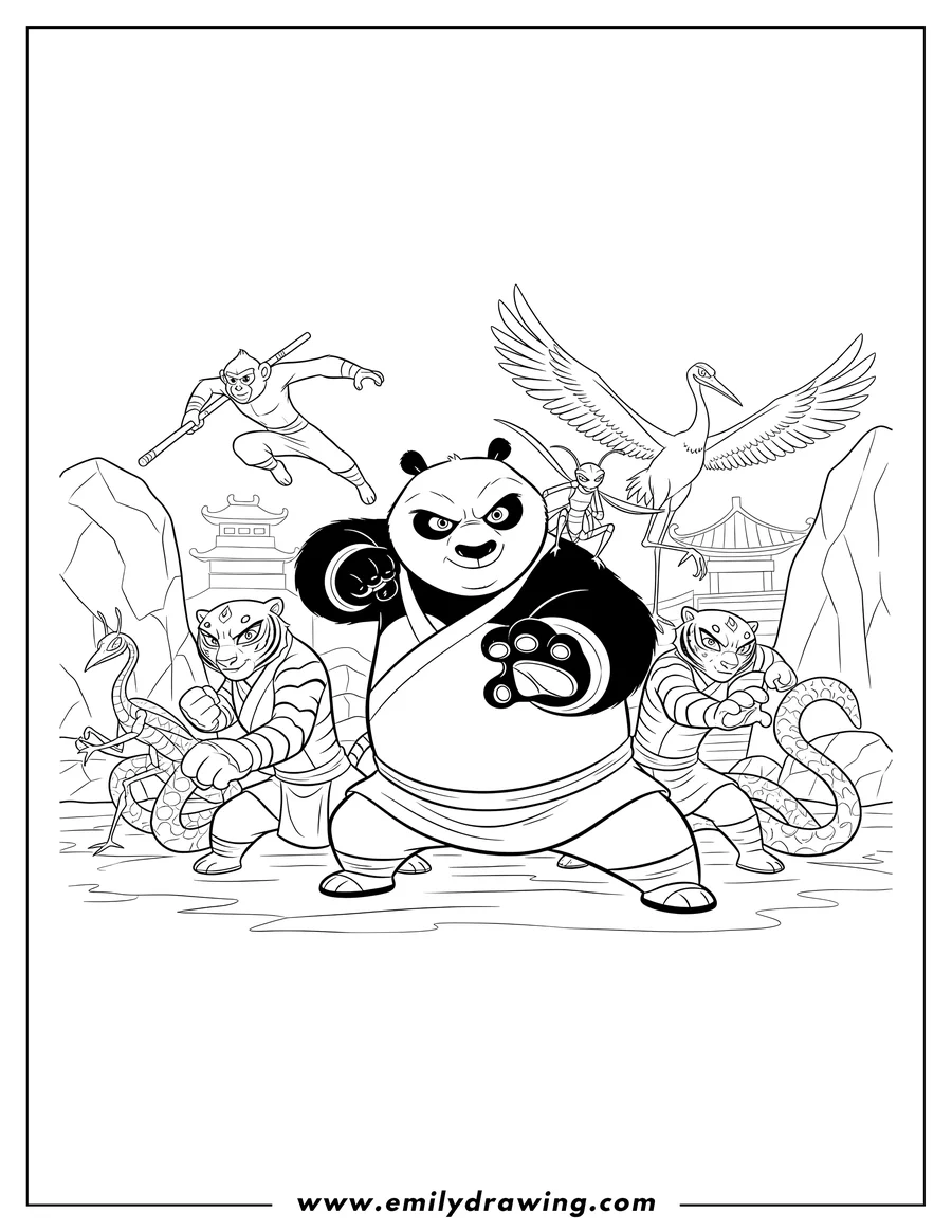 Coloring page for kids: kung Fu Panda Po and the Furious Five ready to fight