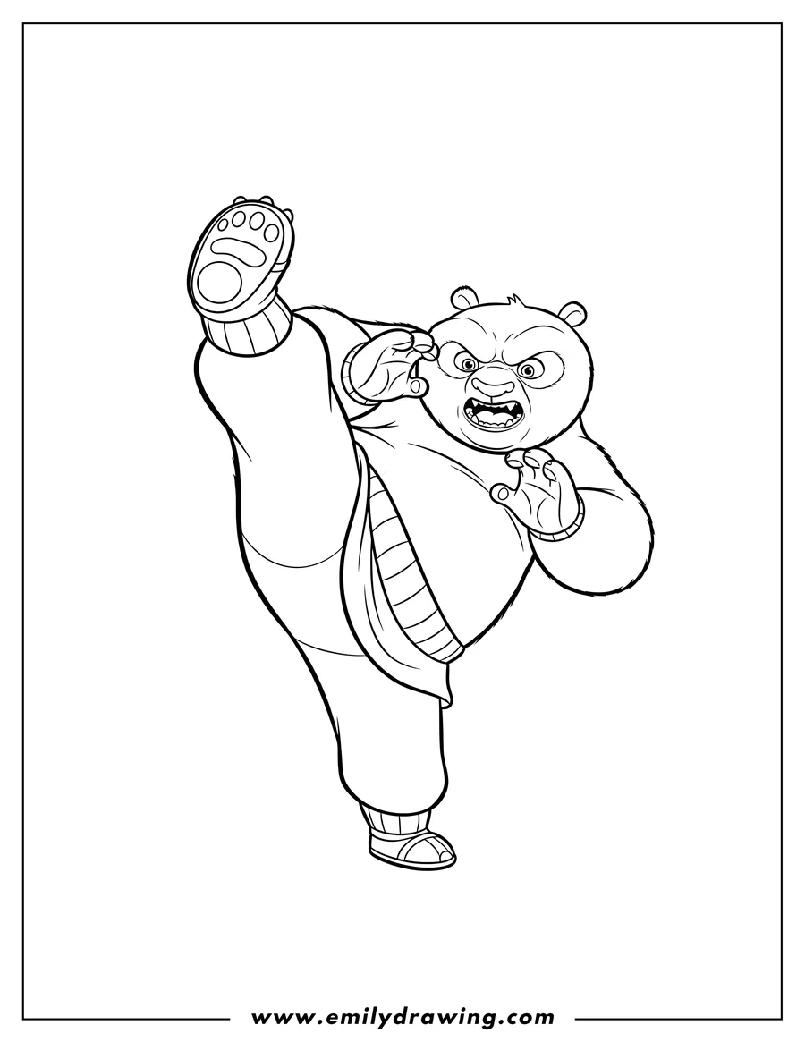 Vector style outline of kung Fu Panda Po High Kick, fierce pose