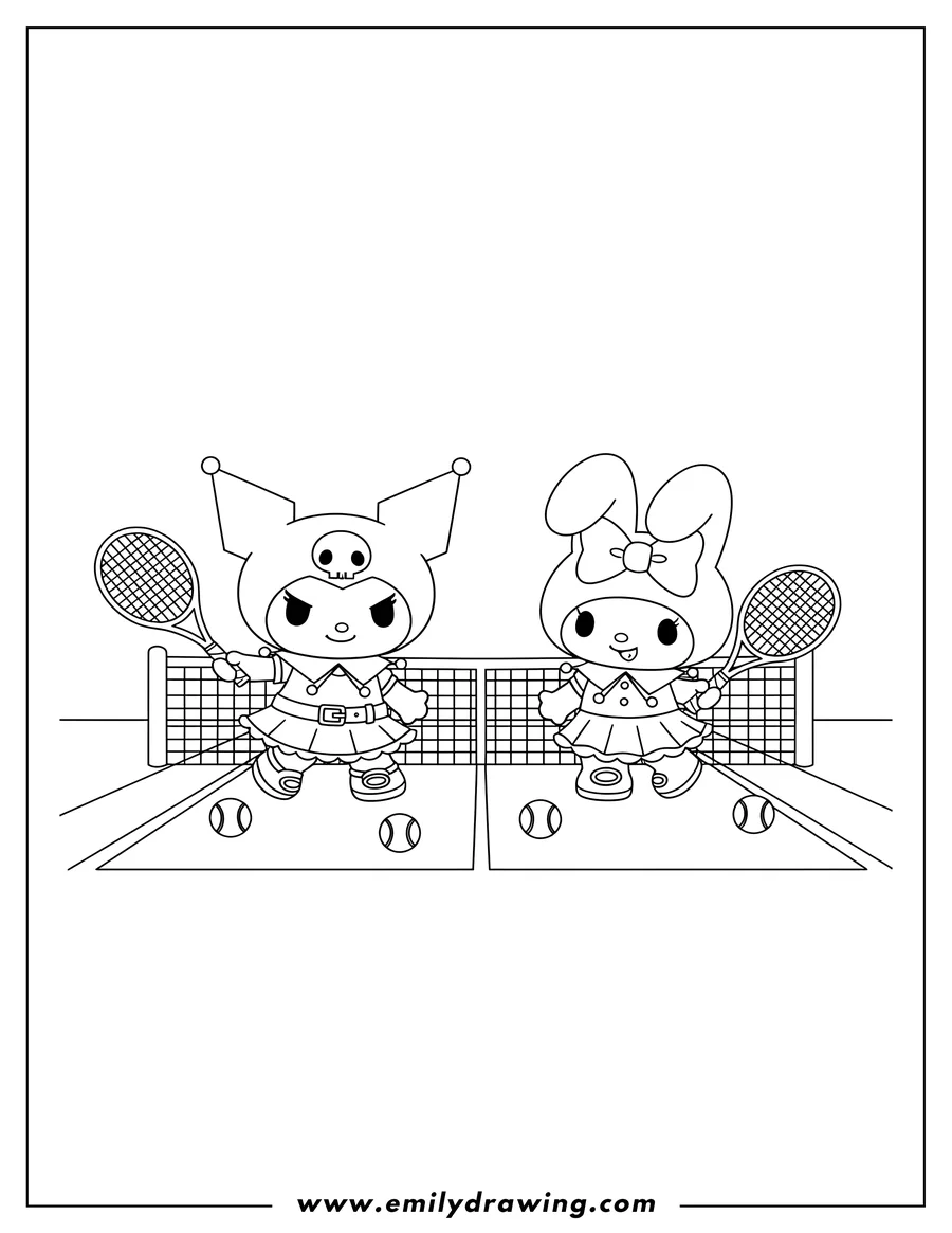 Black and white line art of kuromi and My Melody playing tennis, holding rackets on a court with tennis balls