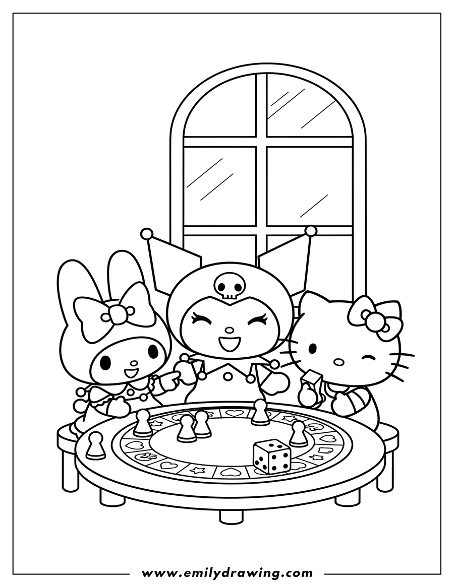 Printable coloring page of kuromi laughing with My Melody and Hello Kitty while playing a board game