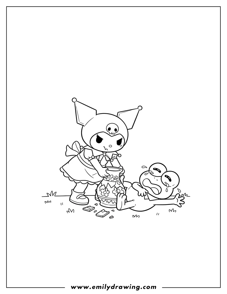 Black and white line art of kuromi removing a vase from Keroppi's foot, with Keroppi lying distressed on his back and Kuromi bending over, holding his leg