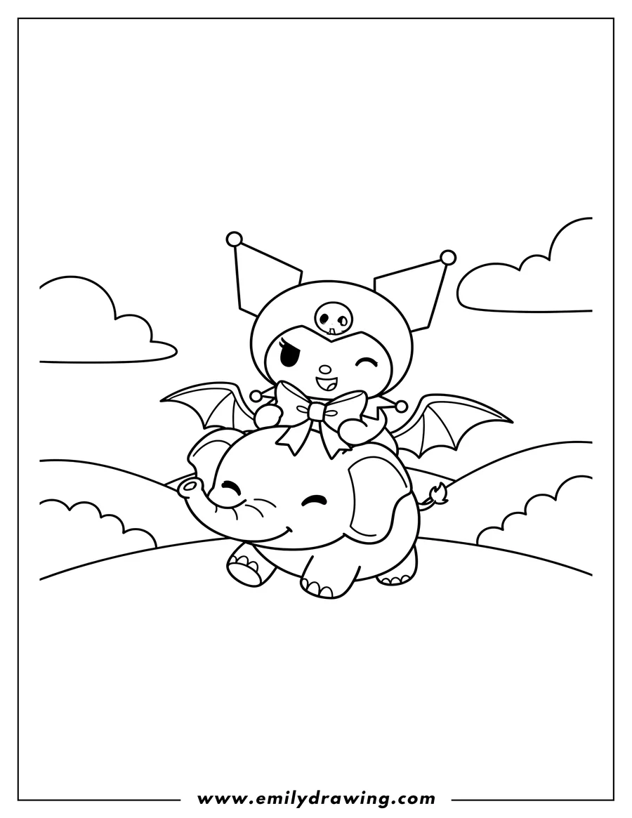 Linear illustration of kuromi riding on Baku's back, both smiling