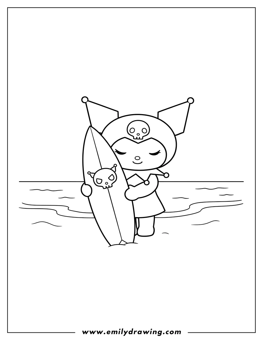 Free to print drawing of kuromi wearing a skull cap and with closed eyes, holding a surfboard with a skull design