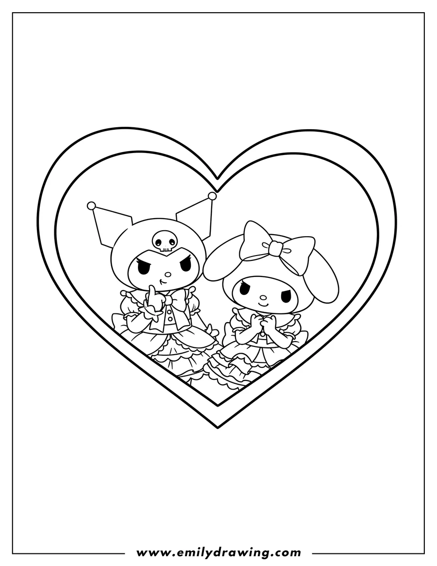 Printable line art of kuromi with finger on chin and My Melody, both wearing dresses, posing in a heart frame