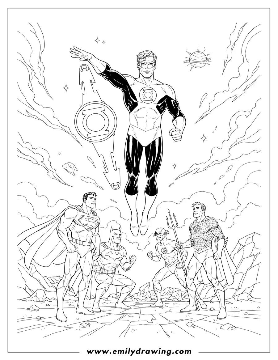 PDF style coloring page: kyle Rayner Green Lantern levitating above other superheroes looking up at him
