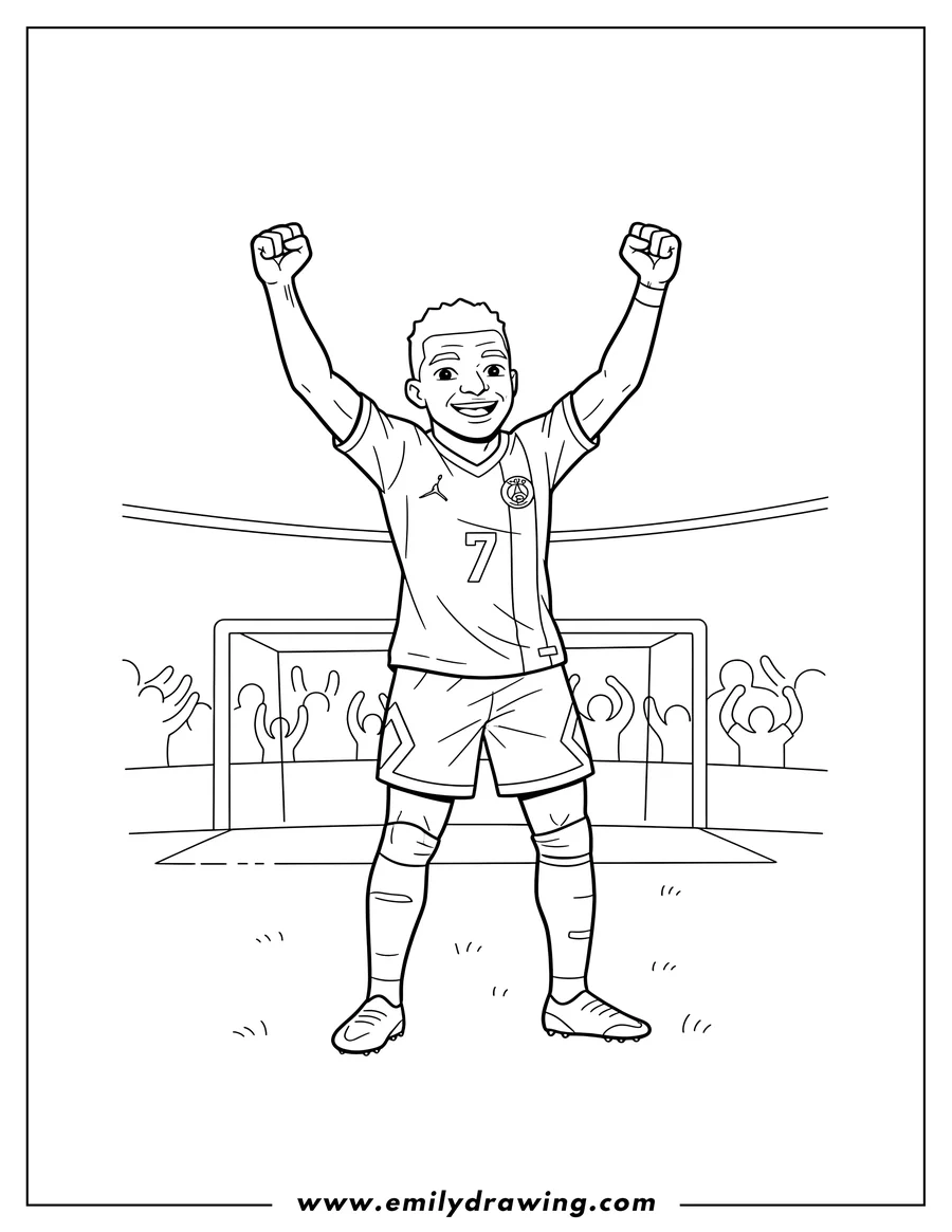 Outline drawing of kylian Mbappe Celebrating, wearing a soccer uniform with number 7, arms raised and fists clenched