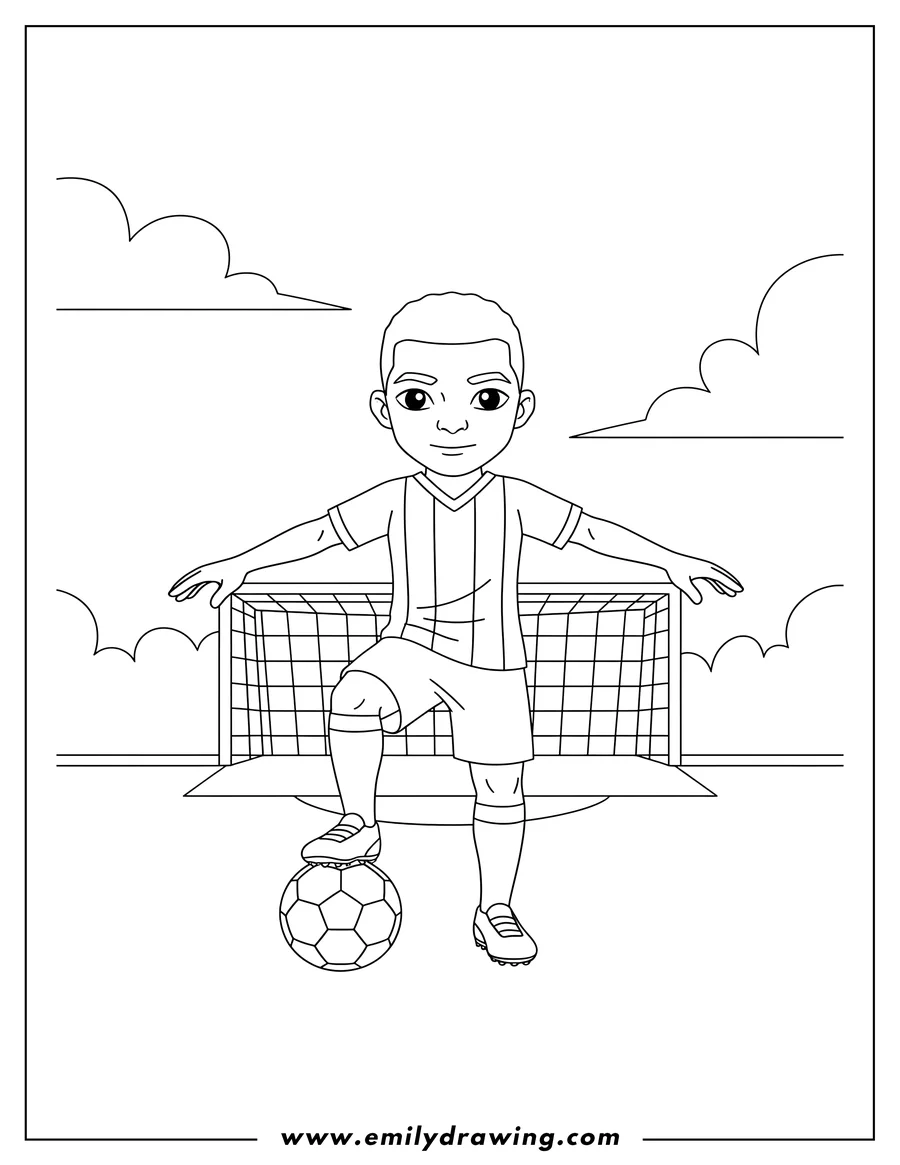 Free printable coloring sheet of kylian Mbappe doing ball tricks, with his right foot on a soccer ball