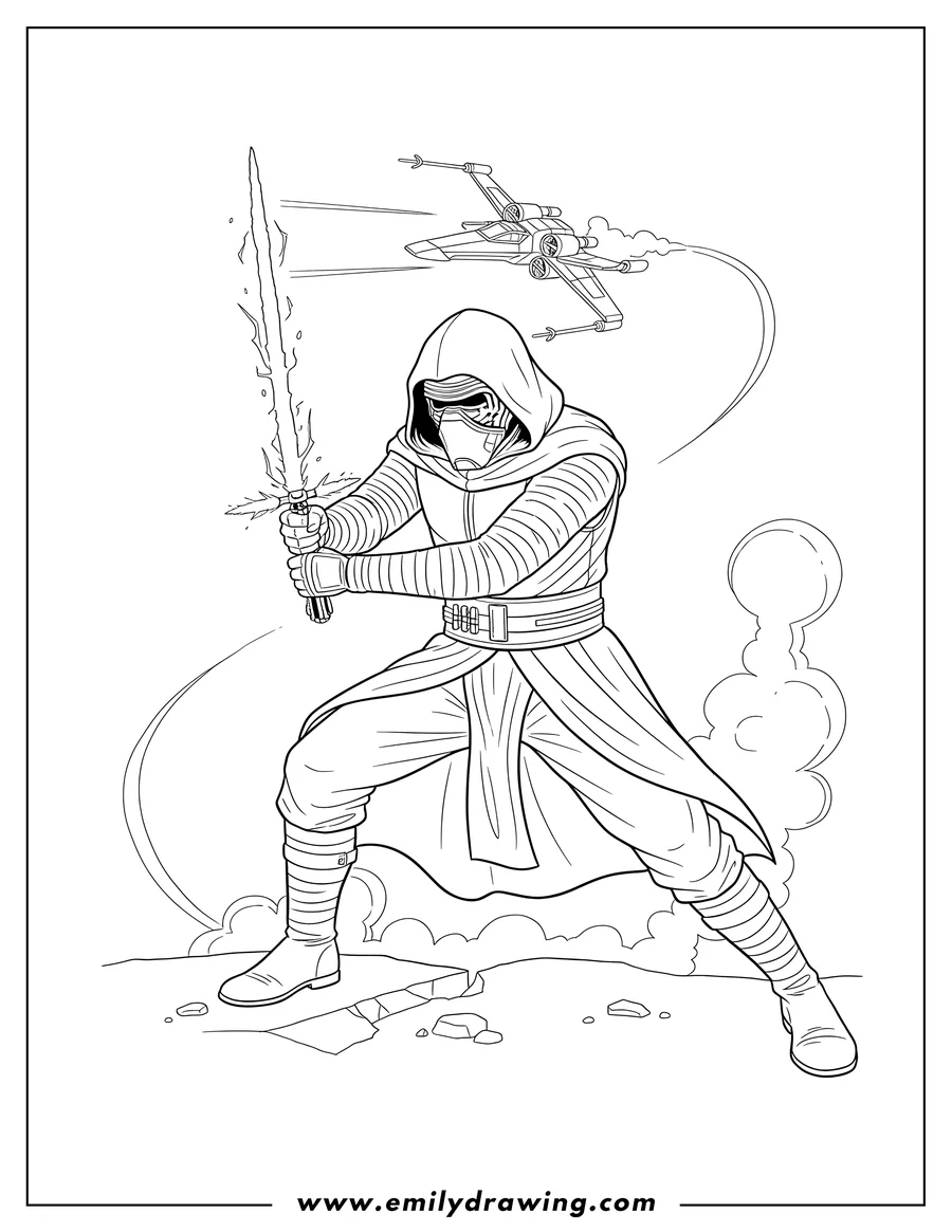Coloring sheet featuring kylo Ren Fighting Starship, holding a crossguard lightsaber