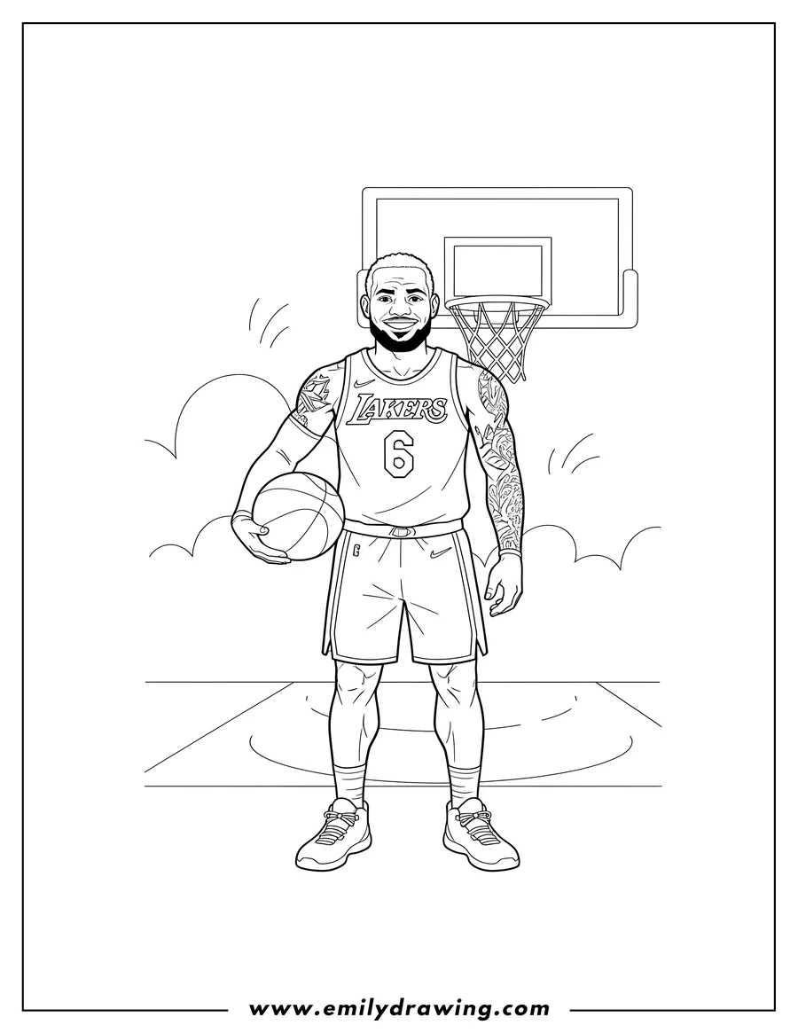 High quality printable la Lakers Lebron James holding a basketball and wearing his number 6 jersey for coloring
