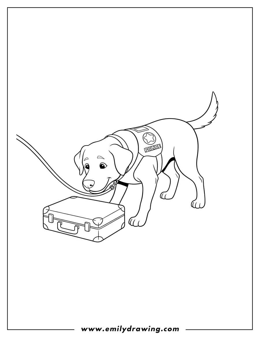 PDF style coloring page: labrador K9 Police Dog wearing a vest and leash, sniffing a suitcase