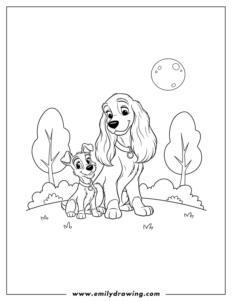 High quality printable lady And Tramp Gender Switch, featuring Lady and a cute smaller dog sitting together for coloring