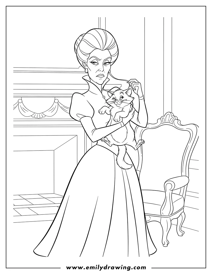 Black and white line art of stern Lady Tremaine cradling her mischievous cat
