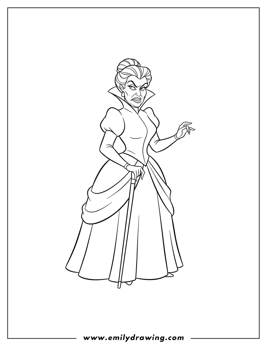 Outline drawing of lady Tremaine Wicked Stepmother From Cinderella holding a cane with a sneering expression