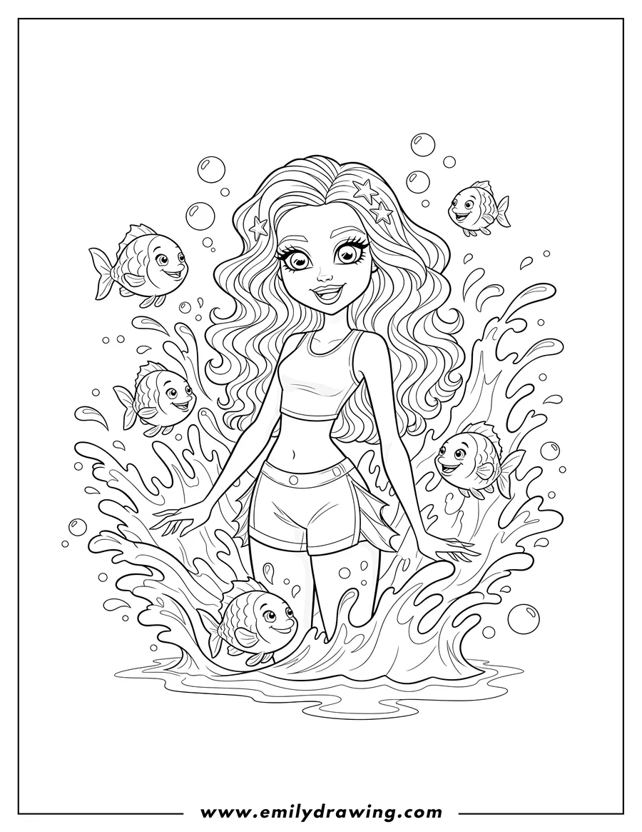 PDF style coloring page: lagoona Blue smiling with splashing fish